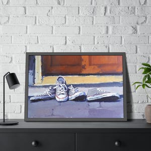 Canvas Shoes Framed Art Print Grey Sneakers Wall Art Rustic Cobblestone Decor Outdoor Doorstep Painting Casual Everyday Life Print