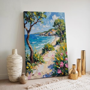 Floral Beach Painting Canvas Print Summer Tropical Painting Calming Beach Landscape Ocean Shore Art Beach Gift