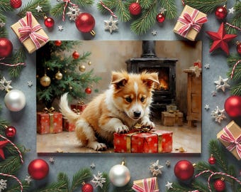 May include: A festive Christmas scene featuring a puppy interacting with a wrapped gift. The image is framed with evergreen branches, red ornaments, and wrapped presents. A Christmas tree and fireplace are in the background.