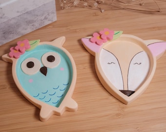Set di portagioie con cervo e gufo - Portagioie in argilla fatto a mano, grazioso portagioie a forma di animale, portagioie a forma di foresta, regalo per gli amanti degli animali della foresta.