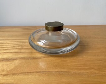 Hand Blown Round Glass Vintage Inkwell with Brass Hinged Collar and Lid c1900