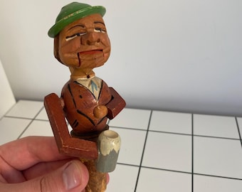 Vintage Anri Wooden Mechanical Bottle Stopper Hand Carved Beer Drinker Cork Moving Parts