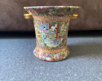 Vintage Chinese Geisha Floral Ornamental Porcelain Vase with Gold Handles Stamped