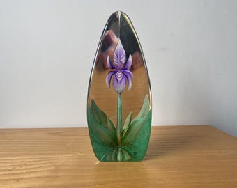 Mats Jonasson Signed Iris Sweden Art Glass Crystal Paperweight Large 8"