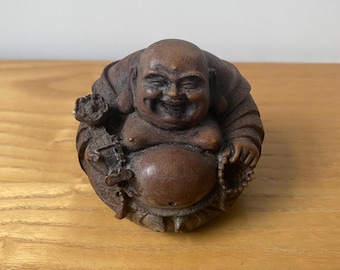 Vintage Hand Carved Chinese Laughing Happy Buddha Hotei Stamped Hard Wood Antik