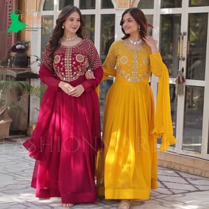 Besticktes Anarkali-Kleidset, Georgette-Kleid mit langen Ärmeln, Designer-Bodenlänge-Kleid, indische Partykleidung, schweres pakistanische Anarkali-Kleid