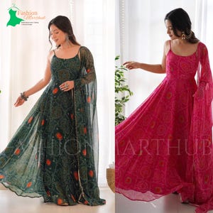 Chiffon Bandhej Anarkali Gown, Designer Gown Outfit, Indian Festive Dress, Traditional Party Wear Dress, Embroidered Maxi Dress