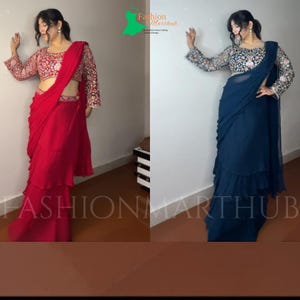 Faux Georgette Saree, Embroidered Blouse Sequinned Saree, Traditional Lehenga Style Saree, Party Wear Indian Ethnic Outfit, Ruffle Saree
