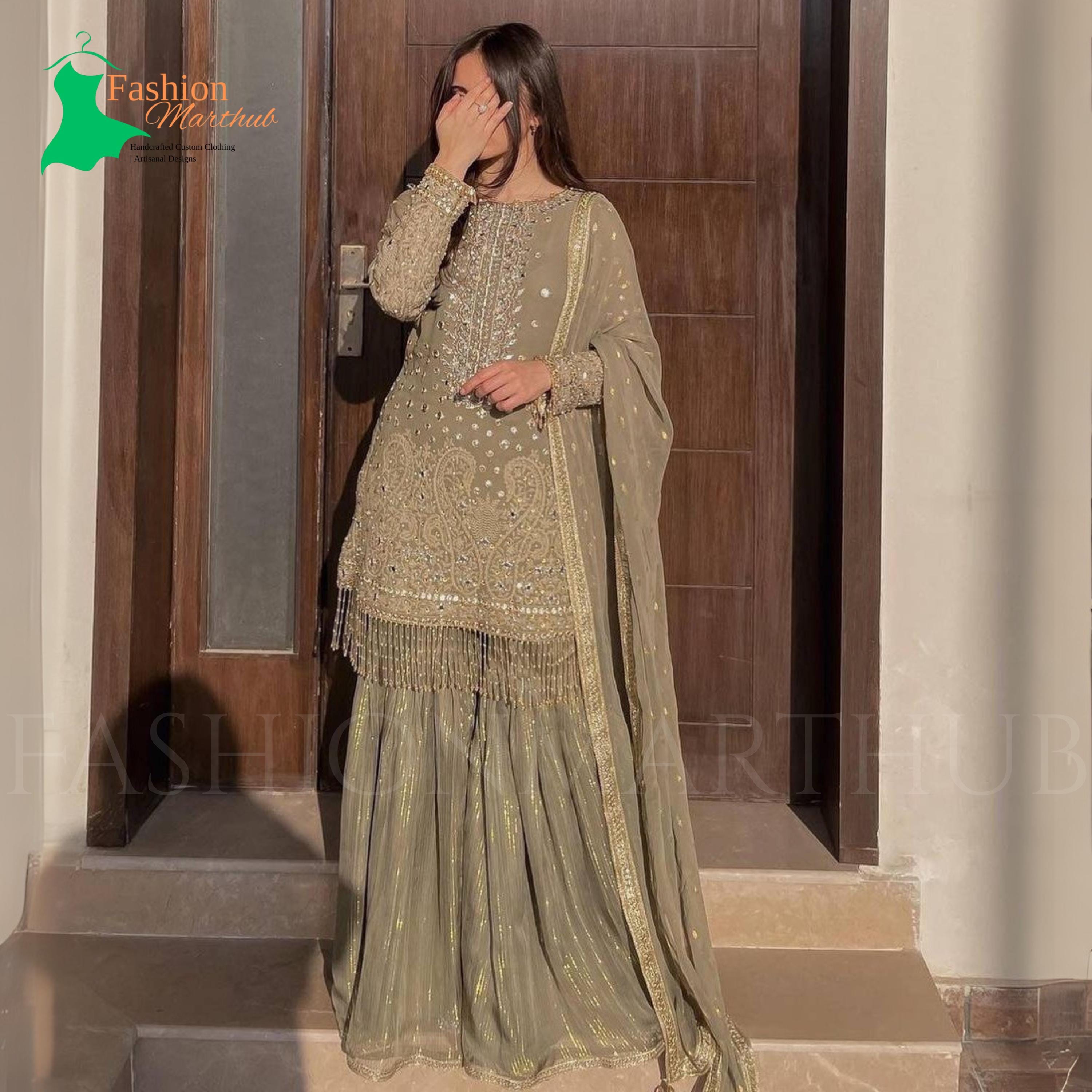 Imperial Dark Green Embroidered Wedding Festive Gharara Suit
