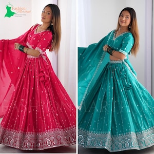 Shimmer Fabric Lehenga Choli, Indian Silk Designer Lehenga, Thread & Sequence Embroidery, Festive Bridal Collection in Pink, Teal