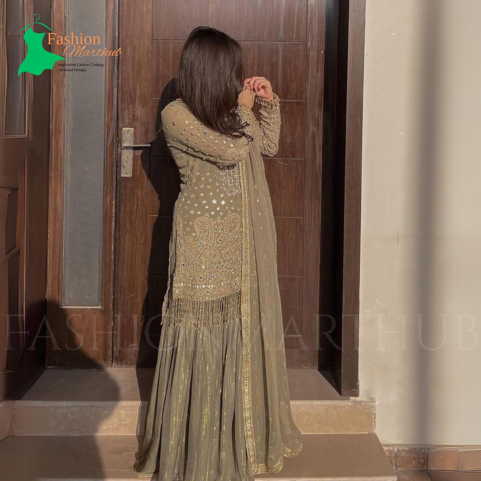Beige & Green Wedding Festive Gharara Suit
