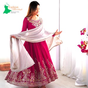 Magenta Anarkali Gown, Georgette Fabric Designer Anarkali Gown, Heavy Multi Thread Sequin Embroidery, Traditional Indian Party Wear