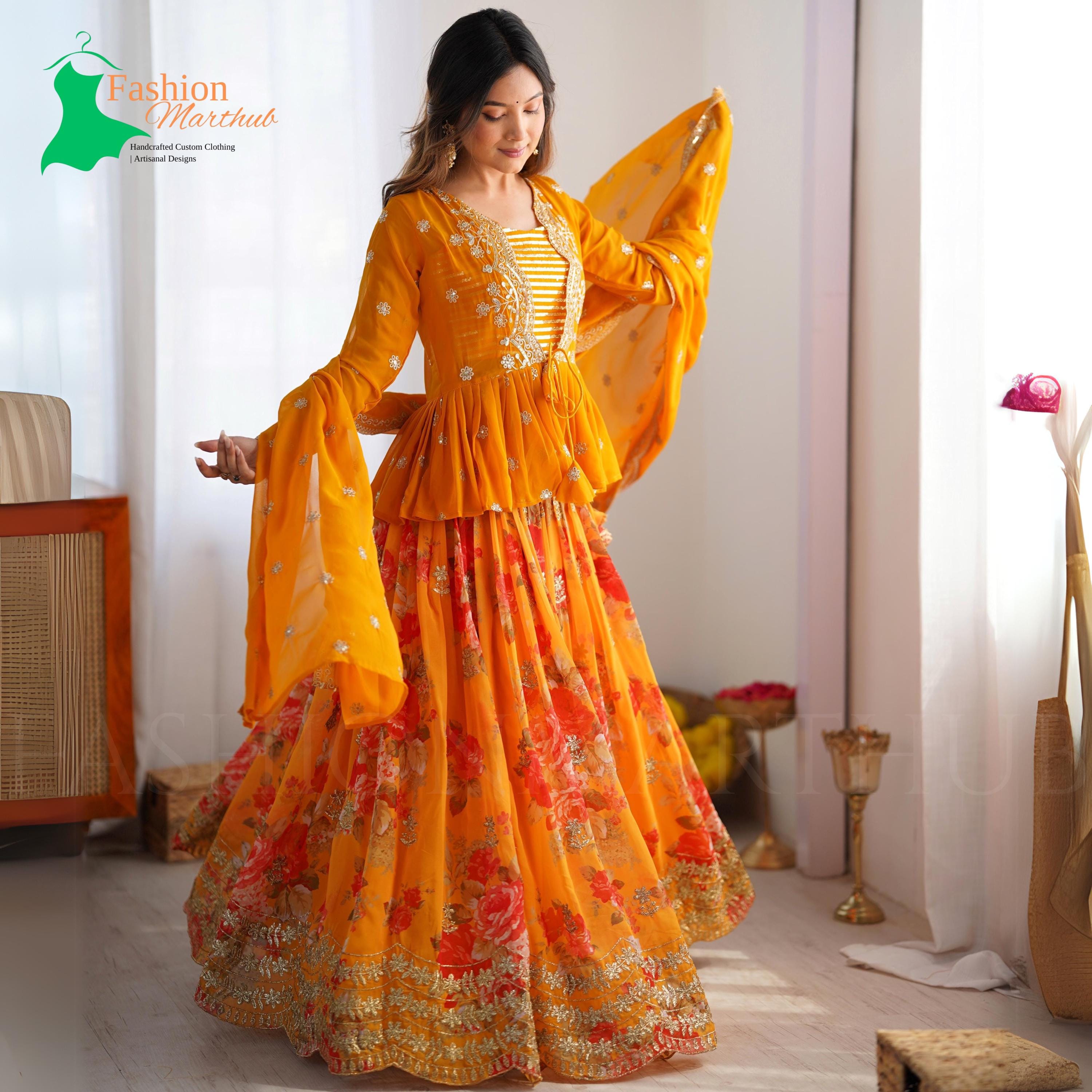 Lehenga Designs Orange And Purple Mehndi Dress Multi Colour Silk