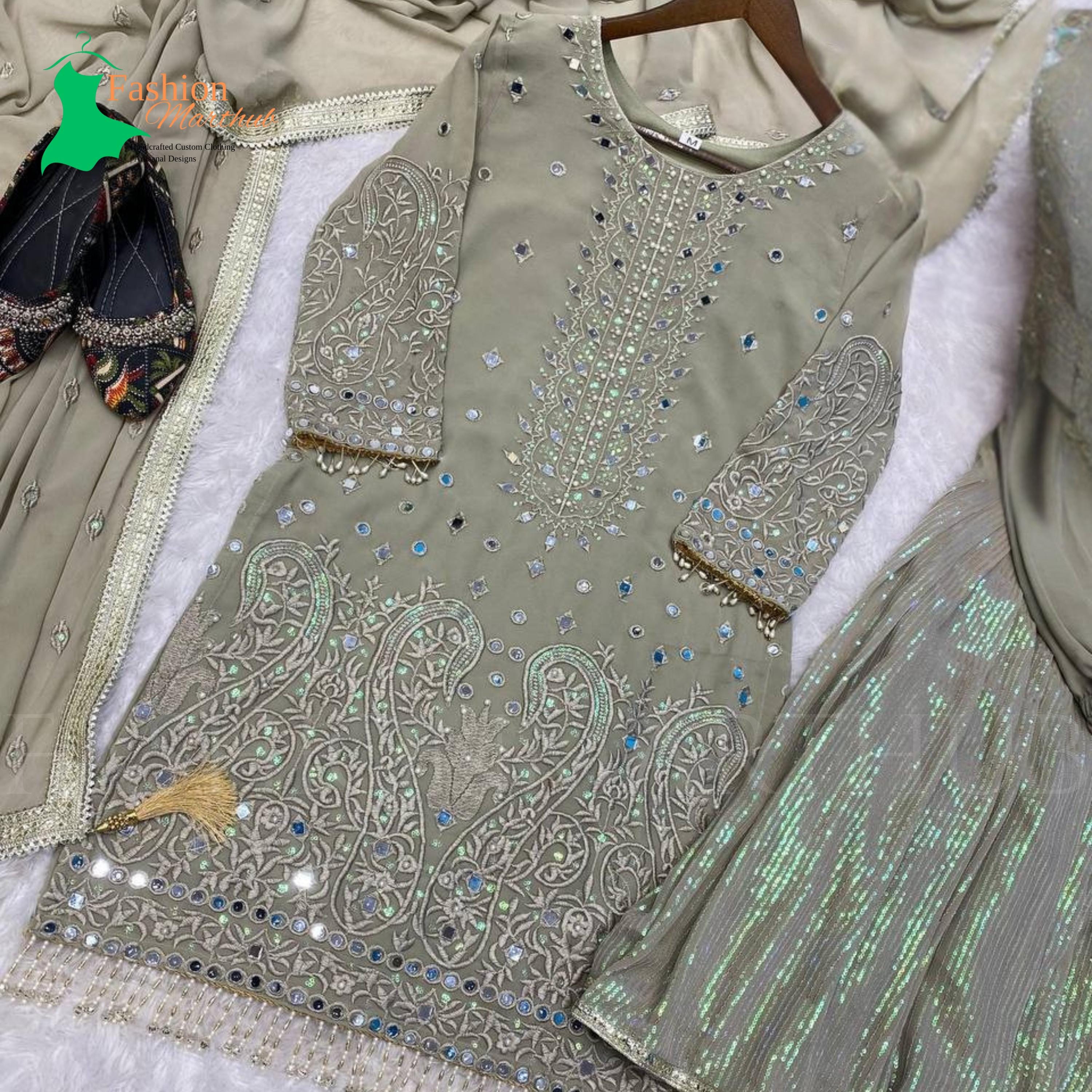 Lime Green Silk Suit with Organza Dupatta & Brocade Gharara – Grace with a Hint of Royalty main image 1