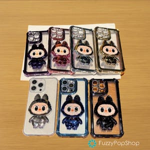 Süße 3D-Labubu-Spiegelhülle | Glitzer-Ständerhülle für iPhone 15 14 13 12 11 Pro Max | Stoßfeste, plattierte Handyhülle