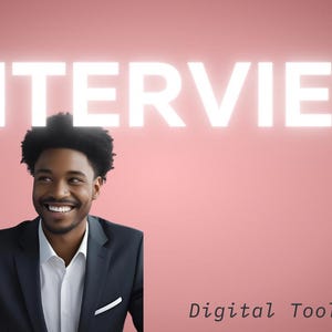 May include: Image of two men smiling, one in a suit and the other in a dress shirt and tie. The words "JOB INTERVIEW KIT" are in large, glowing white letters. The text "Digital Toolkit Lab" is at the bottom.
