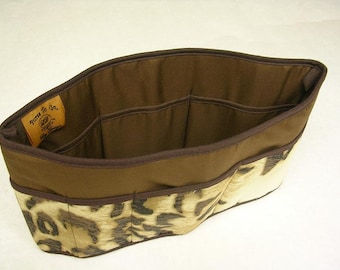 Purse To Go(R)Pockets Plus-Purse organizer insert transfer liner in Wildcat/brown print- Extra Jumbo size-Enclosed bottom