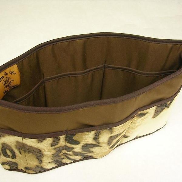 Purse To Go(R)Pockets Plus-Purse organizer insert transfer liner in Wildcat/brown print- Extra Jumbo size-Enclosed bottom