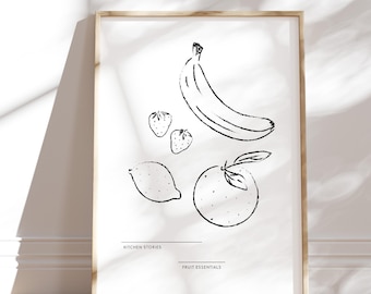Fruit poster, digital download, gift, banana, strawberry, orange, lemon minimalist, trend wall art, kitchen, dining room, print, art
