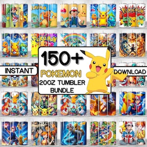 May include: A selection of 20oz tumblers adorned with Pokémon characters and designs. The tumblers display vivid colours and detailed illustrations of popular characters such as Pikachu, Charmander, and Squirtle. The image includes the text "150+ Pokemon 20oz Tumbler Bundle".