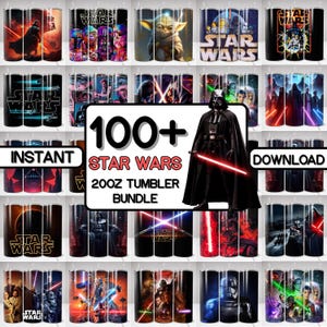 May include: A collection of Star Wars-themed 20oz tumblers. The image features various designs with characters like Darth Vader and Yoda, along with the text "100+ Star Wars 20oz Tumbler Bundle". The tumblers showcase vibrant colors and iconic imagery.