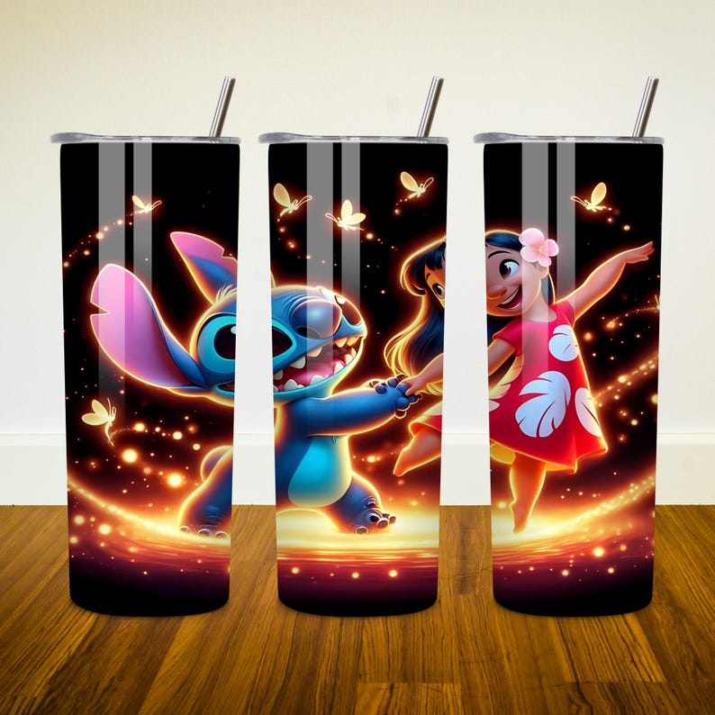 May include: A stainless steel tumbler with a black background featuring Stitch and Moana from Disney's Lilo & Stitch and Moana. Stitch is blue and Moana is wearing a red and white dress. The background is a dark blue with orange and yellow lights.