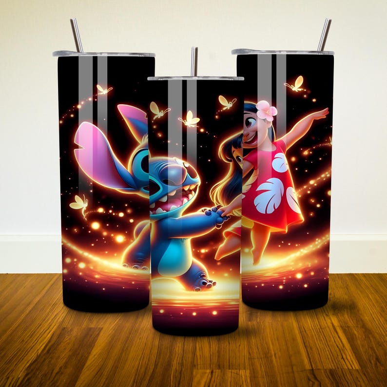 May include: Two stainless steel tumblers with a black background featuring Stitch and Lilo from Disney's Lilo & Stitch. Stitch is blue with a pink ear and Lilo is wearing a red dress with a flower in her hair. They are both holding hands and surrounded by glowing lights.