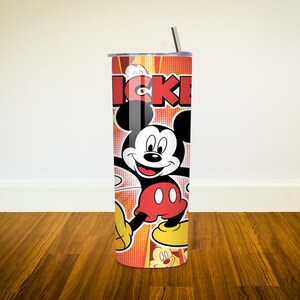 May include: A red and yellow stainless steel tumbler with a cartoon image of Mickey Mouse. The tumbler has a straw and says "Mickey" on it.