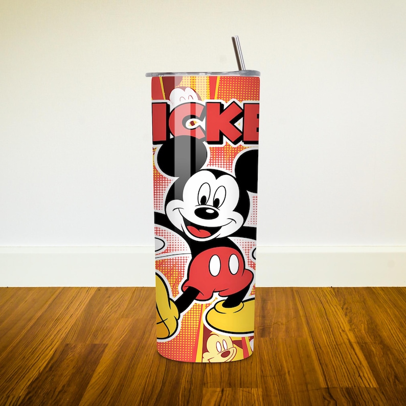 May include: A red and yellow stainless steel tumbler with a cartoon image of Mickey Mouse. The tumbler has a straw and says "Mickey" on it.