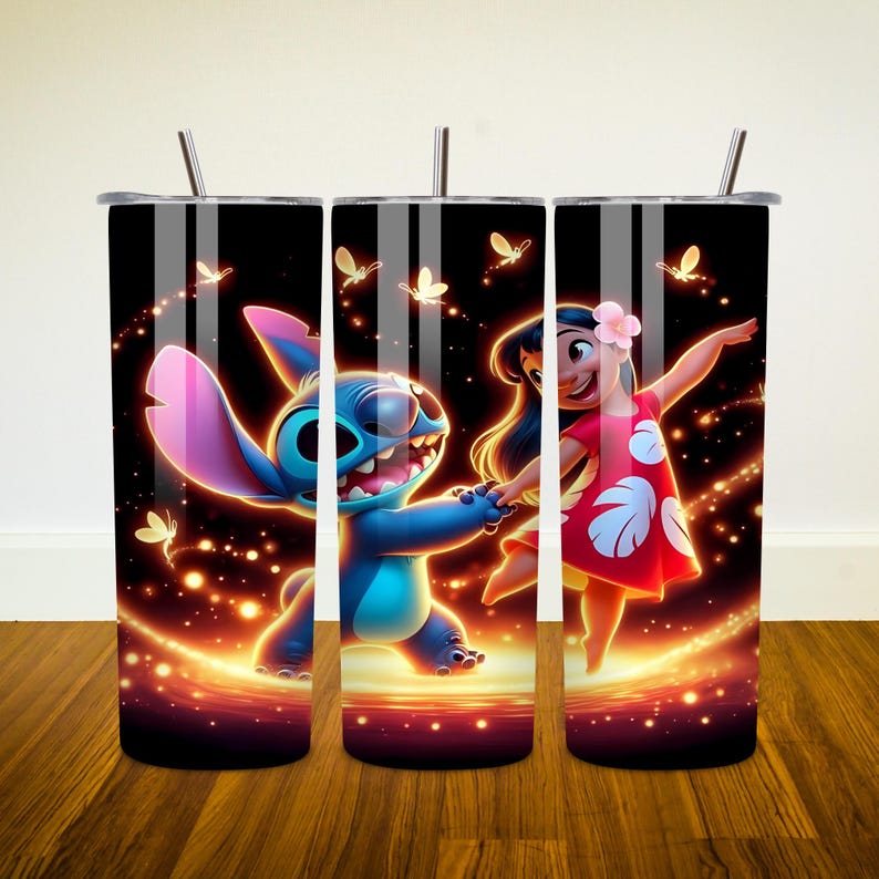 May include: A stainless steel tumbler with a black background featuring Stitch and Moana from Disney's Lilo & Stitch. The characters are holding hands and surrounded by glowing lights.