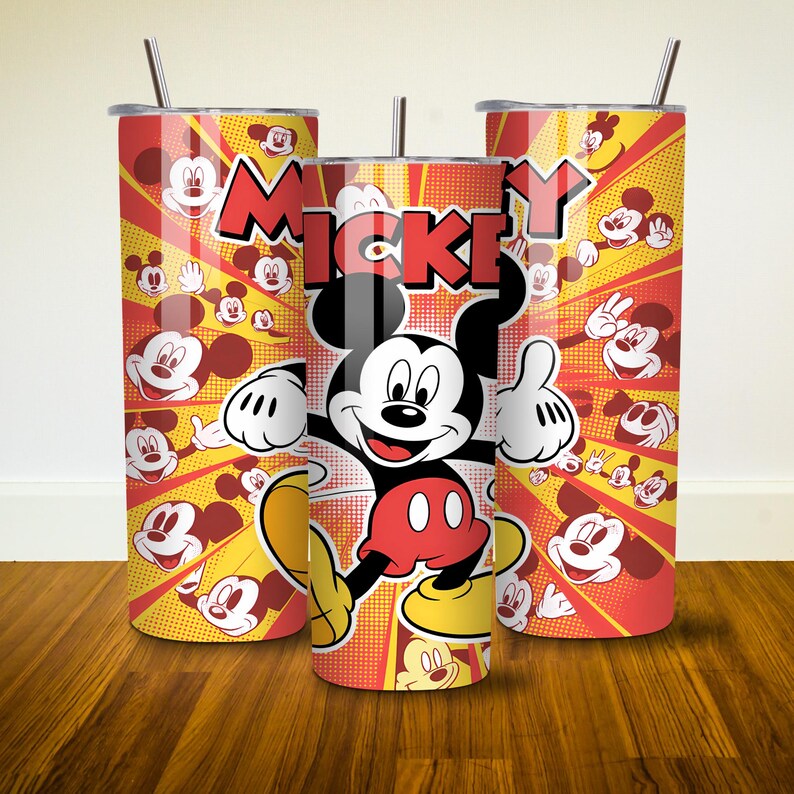 May include: Three red and yellow stainless steel tumblers with a Mickey Mouse design. The tumblers feature a cartoon image of Mickey Mouse with the word "Mickey" printed in large letters. The background is a red and yellow pattern with Mickey Mouse faces.