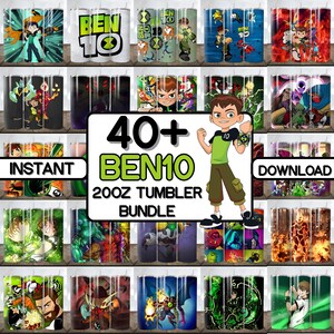 May include: A collection of 20oz tumblers featuring various designs inspired by the animated series Ben 10. The tumblers showcase characters and logos in vibrant colors. The image includes the text "40+ BEN10 20OZ TUMBLER BUNDLE."