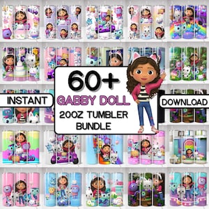 May include: A collection of over 60 Gabby Doll 20oz tumbler designs. The tumblers feature colorful illustrations of Gabby, her friends, and various scenes from the show. The text "INSTANT" and "DOWNLOAD" are also visible.