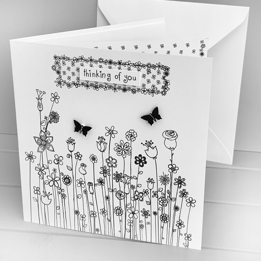 Thinking of You Card Sympathy Handmade : Black & Silver Floral ...