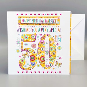 50. Geburtstagskarte, personalisiert für sie, besonderes Alter fünfzig. Ein wunderschönes farbenfrohes und ganz spezielles 50.Geburtstagskartendesign
