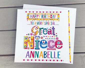 Personalized Great Niece Birthday Card, Handmade Multicolored Design