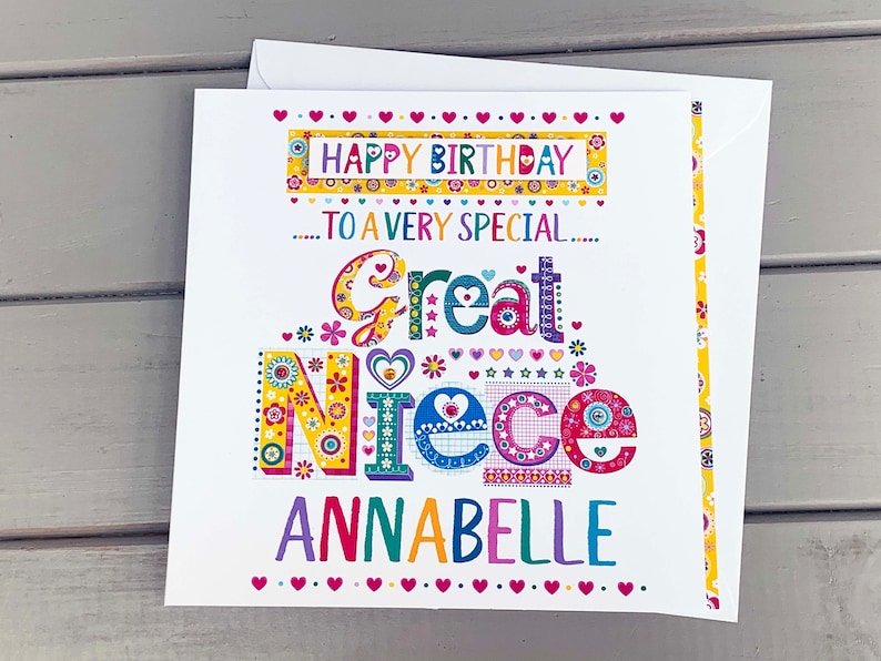 Personalized Great Niece Birthday Card, Handmade Multicolored Design image 1