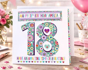 Personalised 18th happy birthday card - custom made and embellished