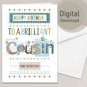 Cartão de aniversário para primo para imprimir | Cartão digital de feliz aniversário para primo | Download instantâneo | Carta A4 e EUA | Cartão faça você mesmo