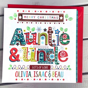Personalised Auntie & Uncle Christmas Card – Handmade Special Xmas Card with Names – Customised Modern Festive Card with Red Envelope