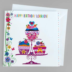 Personalisierte Cupcake Geburtstagskarte - Name & Alter - Handgemachte Glitzerkarte für Mädchen oder Frau - Süße Rosa Geburtstagskarte