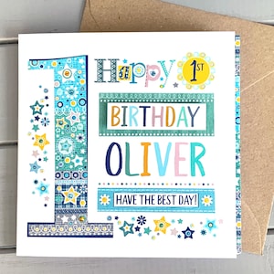 Carte de 1er anniversaire personnalisée - Carte de premier anniversaire de bébé faite main avec nom - Carte souvenir pour garçon - Cadeau de premier anniversaire personnalisé