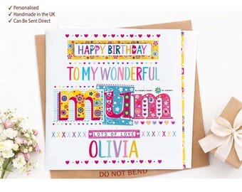 Personalised Mum Birthday Card – Handmade Glitter & Gem Birthday Card for Mum – Custom Mum Card from Daughter Son Family