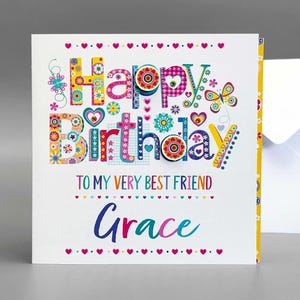 Personalised Best Friend Birthday Card – Colourful Handmade Card with Name, Embellished with Gems – Unique & Vibrant Design