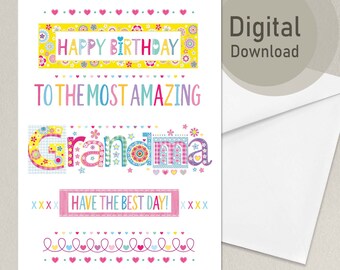 Carte d'anniversaire de grand-mère imprimable | Carte numérique joyeux anniversaire | Téléchargement instantané | A4 et lettre US | Carte DIY pour grand-mère