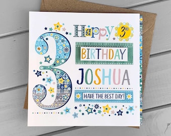 May include: A square birthday greeting card featuring a large blue patterned number 3 on the left side. The text reads Happy 3rd Birthday Joshua Have The Best Day in various colors including blue, yellow, and pink, accented with small star shapes.