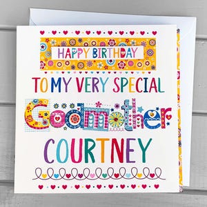 Tarjeta de cumpleaños personalizada para madrina / Tarjeta de nombre personalizada para madrina / Regalo único hecho a mano para madrina / Tarjeta de felicitación colorida
