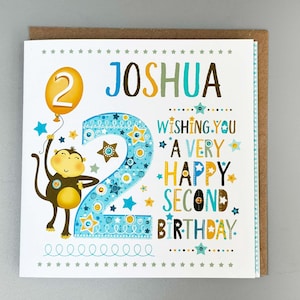 Carte personnalisée de joyeux deuxième anniversaire de garçon, carte de singe effronté, carte de 2e anniversaire pour petit garçon, 2 ans