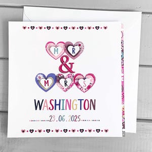 Carte de mariage personnalisée - Design Mr et Mme, nom et date personnalisés, idée cadeau de mariage fait main, carte carrée avec enveloppe