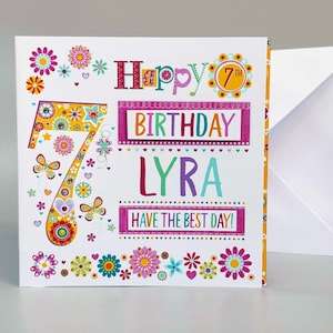 Personalisierte Karte zum 7. Geburtstag für Mädchen | Alter 7 Geburtstagskarte | Benutzerdefinierte Namenskarte | Handgefertigtes verschönertes Geschenk für 7.Geburtstag